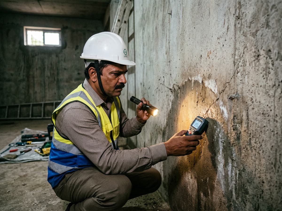 Sarfaraz Ahmad waterproofing specialist inspecting concrete basement dampness with moisture meter in Chandigarh