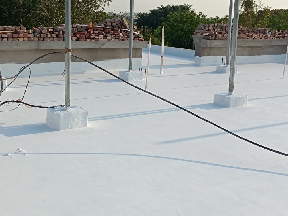 Real completed white polyurethane PU rooftop membrane waterproofing by Sarfaraz Ahmad in Chandigarh
