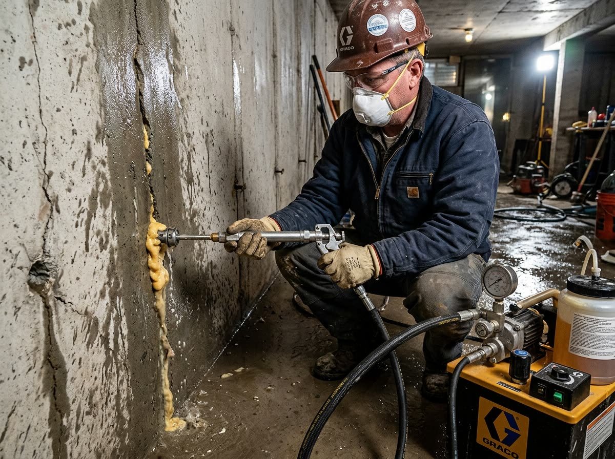 Specialist using high-pressure injection grouting machine injecting polyurethane resin into concrete crack