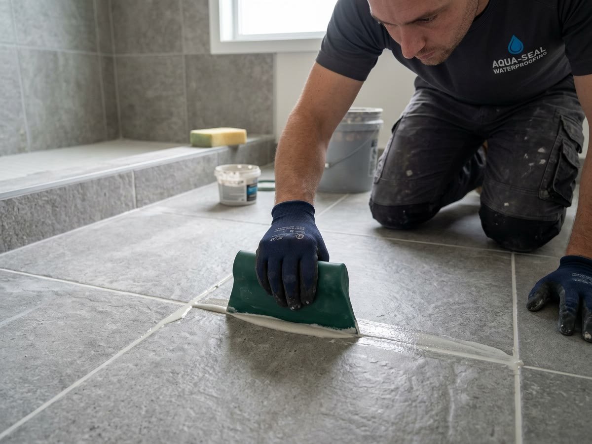 Waterproofing technician applying waterproof tile epoxy grouting between floor tiles in Chandigarh