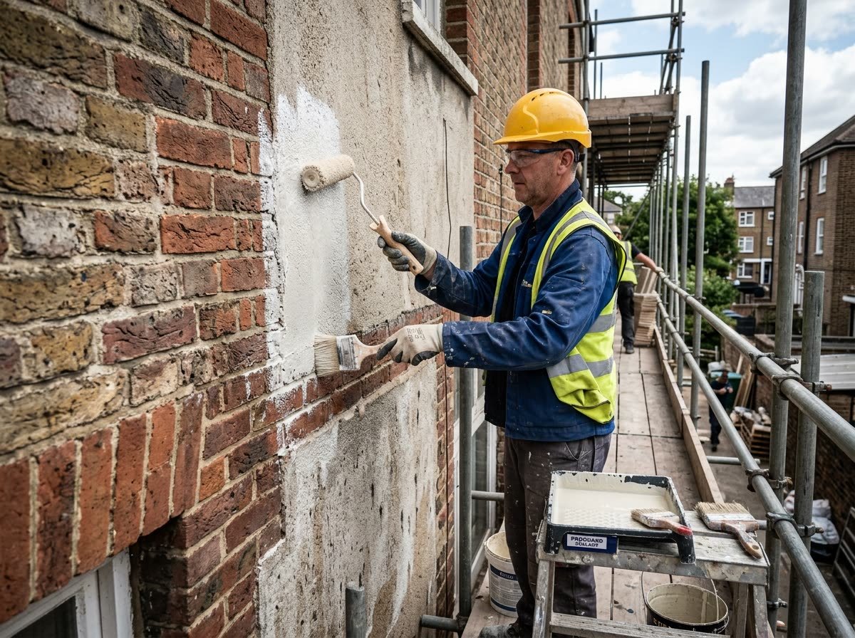 Worker applying waterproof sealant on exterior brick and plaster wall scaffolding in Chandigarh